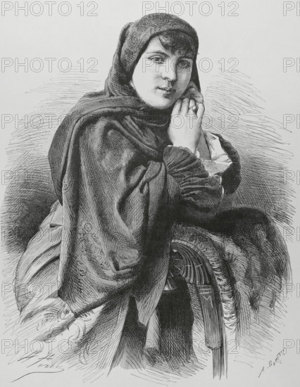 Chilean lady wearing dress for church. Drawing by Alfredo Perea. Engraving by Arturo Carretero (1852-1903). La Ilustracion Espanola y Americana (The Spanish and American Illustration), 1883.