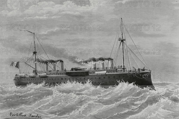 Regia Marina (Royal Italian Navy). ""Lepanto"". Ironclad battleship built for the Italian Regia Marina, the second and last ship of the Italia class. It was designed by Benedetto Brin (1833-1898) and built at the ""Cantiere navale fratelli Orlando"" (Orlando Brothers Shipyard), in Livorno (Italy). Lepanto was under construction for nearly eleven years. It was laid down on 4 November 1876, but its construction still took almost six and a half years to complete, being launched on 17 March 1883, two and a half years after its twin ""Italia"". Lepanto was not finally completed until four and a half years later, being completed on 16 August 1887. Armed with a main battery of four 432 mm (17 in) guns. It had capacity to transport a full infantry division. The illustration shows Lepanto with six funnels, although in reality it always had four. Probably it is due to a confusion of the author, inspired by original plans of the battleships of the Italia class. Drawing by Cortellini Sanchez. Engr...