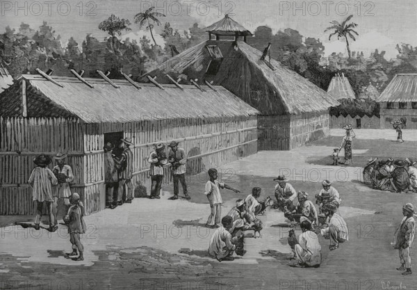 Philippines. Natives of the countryside training the fighting cocks. Drawing by Comba. Engraving. La Ilustracion Espanola y Americana (The Spanish and American Illustration), 1883.