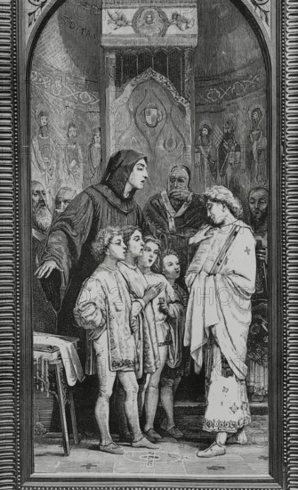 Guido of Arezzo (ca. 990-ca. 1050). Italian Benedictine monk and music theorist. Monk Guido of Arezzo rehearsing in front of Pope John XIX (d. 1032). Engraving after a painting by the Italian painter Giuseppe Bertini (1825-1898). La Ilustracion Espanola y Americana (The Spanish and American Illustration), 1883.