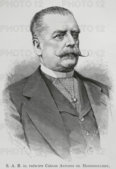 Karl Anton (Karl Anton Joachim Zephyrinus Friedrich Meinrad Furst von Hohenzollern-Sigmaringen) (1811-1885). Prince of Hohenzollern-Sigmaringen (1848-1849). Minister-President of Prussia (6 November 1858 to 12 March 1862). Prince of Hohenzollern (3 September 1869 to 2 June 1885). Portrait. Drawing by Badillo. Engraving by Arturo Carretero (1852-1903). La Ilustracion Espanola y Americana (The Spanish and American Illustration), 1883.