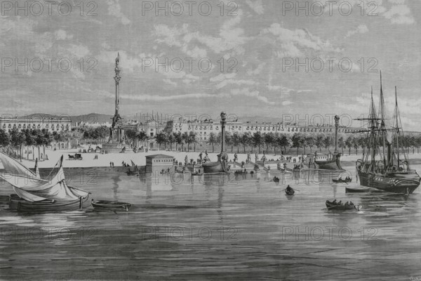 Barcelona, Catalonia, Spain. Improvements of the city. Monument to Christopher Columbus. Open national competition, convened in September 1881 by the Executive Central Commission of the monument. Perspective and preliminary project of honor landing stage and monument to Columbus, according to the project of the Catalan architect Cayetano Buigas Monrava (Gaietà Buïgas i Monravà) (1851-1919), awarded by the jury of the aforementioned competition. The pier is shown divided into three parts, a central one and two lateral ones; each of them advances, like a cutwater, shaped like the prow of a 15th century ship, recalling the Pinta and Nina caravels. Two large lampposts at the most advanced points of both abutments, a balustrade and four statues of celebrated people complete the preliminary project. Drawing by Riudavets. Engraving by Vela. La Ilustracion Espanola y Americana (The Spanish and American Illustration), 22 February 1883.