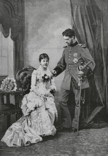 Infanta Maria de la Paz of Spain (Maria de la Paz de Borbon) (1862-1946). Infanta of Spain. Princess of Bavaria by her marriage, on 2 April 1883, to her first cousin, Prince Ludwig Ferdinand of Bavaria (1859-1949). Infanta Maria de la Paz and her future husband, the Prince of Bavaria. Engraving by Arturo Carretero (1852-1903). La Ilustracion Espanola y Americana (The Spanish and American Illustration), 22 February 1883.