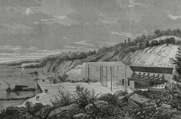 Italy. Muggiano Polygon (La Spezia). Comparative tests on 48-centimeter thick armor sheets, carried out by the Italian Navy during November and December 1882, using a 100-ton gun. The purpose was the choice of the appropriate armor for their warships. Engraving by F. Meaulle. La Ilustracion Espanola y Americana (The Spanish and American Illustration), 1883.