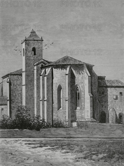 Spain, Burgos province, Castrillo del Val. Monastery of San Pedro de Cardena. Founded by the Benedictine friars. Exterior view of the apse. Engraving by Capuz. La Ilustracion Espanola y Americana (The Spanish and American Illustration), 1883.