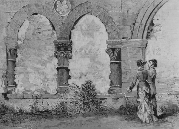 Spain, Burgos province, Castrillo del Val. Monastery of San Pedro de Cardena. Cloister. Drawing from life by Isidro Gil. Engraving by Rico. La Ilustracion Espanola y Americana (The Spanish and American Illustration), 1883.