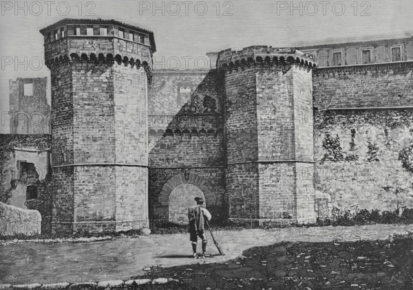 Spain, Catalonia, Tarragona province, Vimbodi. Royal Monastery of Santa Maria de Poblet. Royal Gate. Engraving by Rico. La Ilustracion Espanola y Americana (The Spanish and American Illustration), 1883.