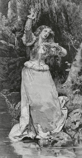Ophelia. Fictitious character from the play ""Hamlet"" by William Shakespeare (1564-1616). Engraving after a painting by Tomas Munoz Lucena (1840-1943), 1882. La Ilustracion Espanola y Americana (The Spanish and American Illustration), 1883.
