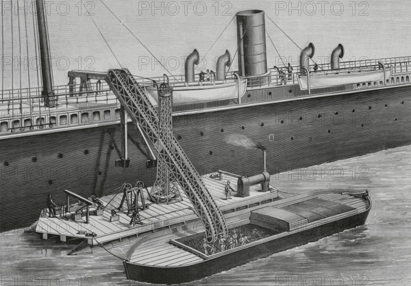 Floating coal elevator. Designed and constructed by James Rigg, a British engineer from Chester. It consists of a wide platform on two floating cylinders, which supports a steam engine that generates the necessary movement to the chains and pulleys. In the center, a tower serves as a regulator and mechanical balance. The elevator extends from the deck of the ship to the pontoon by means of the aforementioned tower. Moving buckets, driven by the steam engine, pick up the cargo from the pontoon and throw it, after being automatically weighed, into the ship's coal compartments or warehouses. Engraving by Tomas Carlos Capuz (1834-1899). La Ilustracion Espanola y Americana (The Spanish and American Illustration), 15 January 1883.