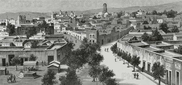 Queretaro, Mexico. Panoramic view of the city. Drawing by Nao. Engraving. La Ilustracion Espanola y Americana (The Spanish and American Illustration), 1883.