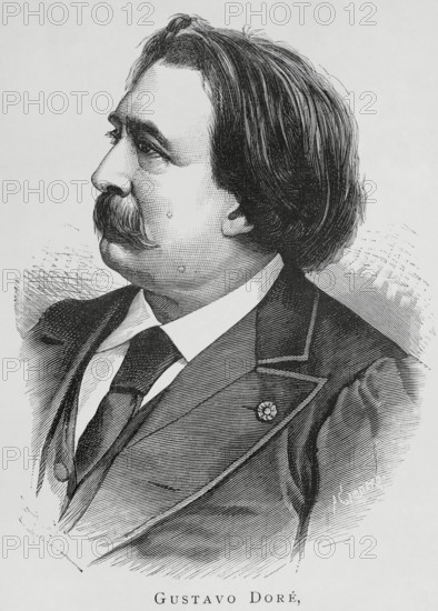 Gustave Dore (Paul Gustave Dore) (1832-1883). French artist, painter and illustrator. Portrait. Engraving by Arturo Carretero (1852-1903). La Ilustracion Espanola y Americana (The Spanish and American Illustration), 1883.