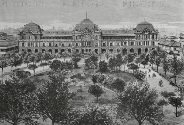 Santiago (Santiago de Chile), Chile. Panoramic view of the Plaza de Armas and main facade of the “Gran Hotel Ingles”. Engraving by Vela. La Ilustracion Espanola y Americana (The Spanish and American Illustration), 1883.