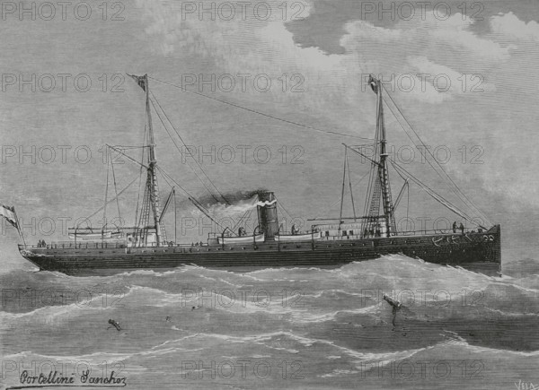 Marina Mercante espanola (Spanish Merchant Navy). The new steamer “Manuel L. Villaverde”, built for the Compania Trasatlantica at Lobnitz & Co. shipyard in Renfrew (Scotland) and laid down in 1882. It was designed for navigation in the West Indian seas. It covered the commercial line of the Gulf of Mexico. After the war of 1898 it covered the Spanish Guinea line. In 1921 it ran aground and sank during a return journey to Spain, near the Ivory Coast. Drawing by Cortellini Sanchez. Engraving by Vela. La Ilustracion Espanola y Americana (The Spanish and American Illustration), 8 March 1883.