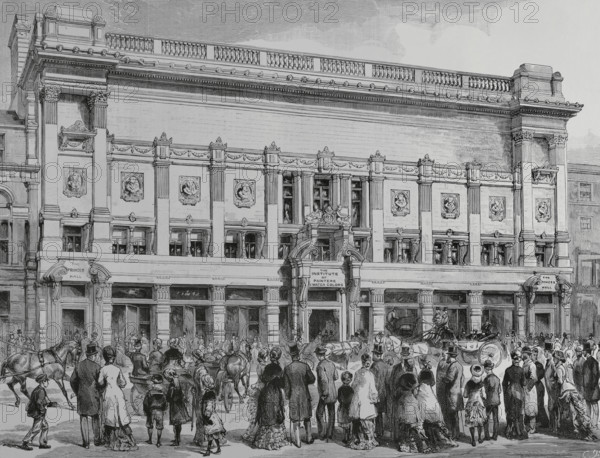 London, England. Building of The Institute of Painters in Water Colors, built in Piccadilly by the architect Edward Robert Robson (1836-1917). It was opened on the occasion of the first International Exhibition of Watercolors held in April 1883. Engraving. La Ilustracion Espanola y Americana (The Spanish and American Illustration), 1883.