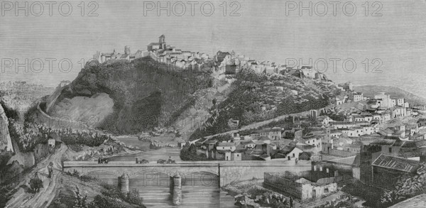 Arcos de la Frontera, Andalusia, Spain. Panoramic view. Engraving. Engraving. La Ilustracion Espanola y Americana (The Spanish and American Illustration), 1883.