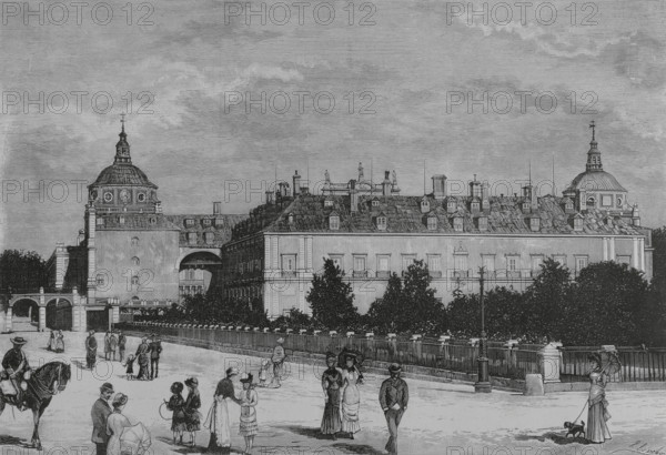 Aranjuez, Spain. The Royal Palace. Exterior view. Drawing by Juan Comba. Engraving. La Ilustracion Espanola y Americana (The Spanish and American Illustration), 1883.