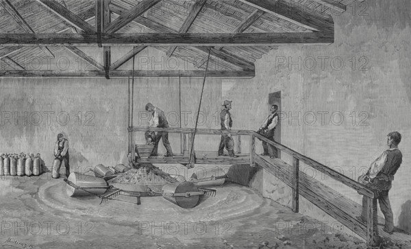 Madrid, Spain. New gypsum mill, Montenegro system, established in Vallecas, in the facilities of Messrs. Rous. The engineer Antonio Montenegro designed a grinding system to obtain a high quality gypsum, without residues, which could be packaged directly as it came out of the mill. Some workers take the stone up the ramp, others enter the clay through the door, to pour it all into the hopper on the bridge. The mechanism for the powerful transmission of the movement required by this system is subway, with easy access for maintenance and lubrication. Engraving by Bernardo Rico (1825-1894). The Spanish and American Illustration (La Ilustracion Espanola y Americana), 1883.