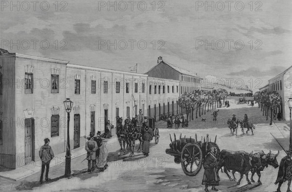 History of Spain. Madrid. Economic houses for workers built by “La Constructora Benefica”. Pacifico Neighborhood. Perspective of Caridad Street (calle Caridad). Thirty-eight houses were built for 58 families. Access to housing for workers was facilitated, making it possible for them to acquire ownership of their homes by paying rent for a few years. Drawing by Juan Comba. Engraving. La Ilustracion Espanola y Americana (The Spanish and American Illustration), 15 January 1883.