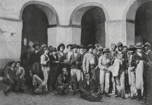 Jerez de la Frontera, province of Cadiz, Andalusia, Spain. Jerez jail. Group of prisoners accused of complicity in the crimes perpetrated by the anarchist and secret organization called “La Mano Negra” (The Black Hand). This criminal gang acted in Andalusia in 1882 and 1883, amidst class struggle in the Andalusian countryside. Engraving by Bernardo Rico (1825-1894). La Ilustracion Espanola y Americana (The Spanish and American Illustration), 22 March 1883.