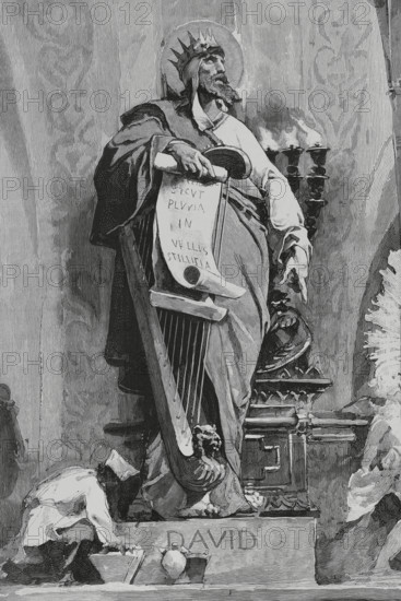 David (ca. 1040-966 BC). Second king of Israel (ca. 1002 BC-ca. 970 BC). Engraving by Capuz after a drawing by A. Ferrant. La Ilustracion Espanola y Americana (The Spanish and American Illustration), 1883.