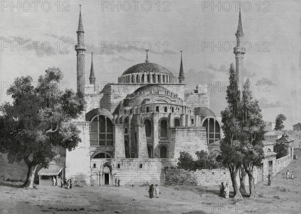 Ottoman Empire era. Turkey. Constantinople (today Istanbul). Hagia Shopia. Byzantine Basilica converted into a mosque. Exterior view. Engraving by Rico. La Ilustracion Espanola y Americana (The Spanish and American Illustration), 1883.
