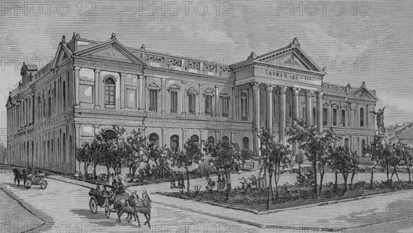 Santiago (Santiago de Chile), Chile. Former National Congress Building. It was the seat of the two chambers of the National Congress from 1876 to 1973. The plans for the building were drawn up by the French architect Claude-Francois Brunet Debaines (1799-1855), and construction began in 1857 under the direction of Lucien Henault (1823-1908). In 1860, construction was halted due to lack of resources. In 1870 its works were restarted by the Chilean engineer Manuel Aldunate (1815-1904). Finally the building was completed by the Italian architect Eusebio Chelli (1820-1890). It was inaugurated on June 1, 1876. Engraving. La Ilustracion Espanola y Americana (The Spanish and American Illustration), 1883.