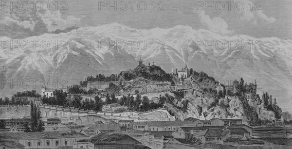 Santiago (Santiago de Chile), Chile. Santa Lucia Hill and snowy mountain range. Engraving. La Ilustracion Espanola y Americana (The Spanish and American Illustration), 1883.