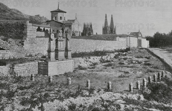 Burgos, Spain. Solar del Cid. Monument built in 1784 by Jose Cortes, which marks the place where, according to tradition, El Cid (Rodrigo Diaz de Vivar, ca. 1048-1099) was born. The site features a pedestal with three monoliths with the shields of Burgos, San Pedro de Cardena and a commemorative inscription with the coat of arms of El Cid. Engraving by Tomas Carlos Capuz (1834-1899). La Ilustracion Espanola y Americana (The Spanish and American Illustration), 1883.