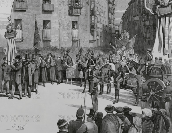 Burgos, Spain. Events held on 6 March 1883, for the delivery by King Alfonso XII (1857-1885), of the funerary urn with the remains of El Cid (Rodrigo Diaz de Vivar) and his wife, Dona Jimena (Jimena Diaz), to the City Council. Parade of the civic procession in front of the Casa del Cordon, former Palace of the Constables of Castile. Drawing from life by Isidro Gil. Engraving by Vela. La Ilustracion Espanola y Americana (The Spanish and American Illustration), 30 March 1883.