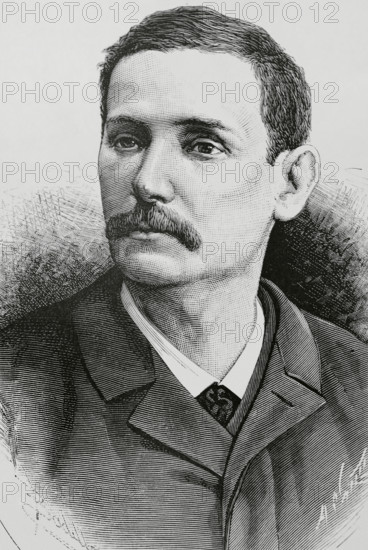 Benito Perez Galdos (1843-1920). Spanish novelist, playwright, chronicler and politician. Portrait. Drawing by Badillo. Engraving by Arturo Carretero (1852-1903). La Ilustracion Espanola y Americana (The Spanish and American Illustration), 1883.