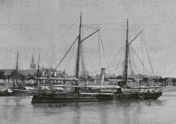 Spanish Navy. Gunboat “Eulalia”, iron-hulled, ""Pilar"" class. It was built in the shipyard of El Ferrol. Armed with a 120 mm. Hontoria gun and a 25 mm. machine gun. The warship was laid down on 23 January 1882, being delivered to the Navy by Queen Isabella II in Seville, in a ceremony that took place on January 1883. After the handover, the new gunboat was officially tested in the Guadalquivir River. The gunboat “Eulalia” anchored in the port of Seville, Andalusia. Engraving by Vela. La Ilustracion Espanola y Americana (The Spanish and American Illustration), 30 March 1883.