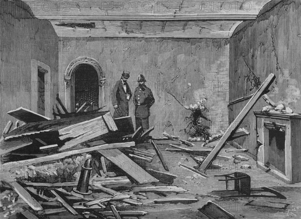 London, England, United Kingdom. Local Government Board Office, in Charles Street, Westminster. A dynamite cartridge exploded on the ground floor of the Office five minuts past 9 on the evening of 15 March 1883. The explosion wrecked a room, broke much glass and caused other damage in the neighbourhood. No person was injured. Effects of the explosion on the door and the first room inside. Engraving by Bernardo Rico (1825-1894). La Ilustracion Espanola y Americana (The Spanish and American Illustration), 30 March 1883.