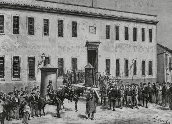 Jerez de la Frontera, province of Cadiz, Andalusia, Spain. Transfer of prisoners from the prison of Jerez de la Frontera to the Cadiz jail. Jerez prison had been a former convent of friars. Converted into a jail, it housed hundreds of prisoners in poor conditions, alleged perpetrators and co-perpetrators of crimes attributed to the anarchist and secret organization called “La Mano Negra” (The Black Hand). This criminal gang acted in Andalusia in 1882 and 1883, amidst class struggle in the Andalusian countryside. The authorities decided to transfer the most dangerous prisoners to the prison of Cadiz. Drawing by Comba. Engraving by Vela. La Ilustracion Espanola y Americana (The Spanish and American Illustration), 1883.