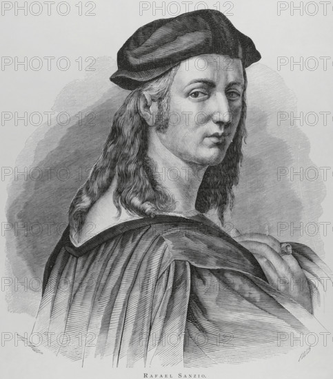 Raphael (1483-1520). Italian Renaissance artist. Portrait. Engraving by Marcelo Paris. La Ilustracion Espanola y Americana (The Spanish and American Illustration), 1883.