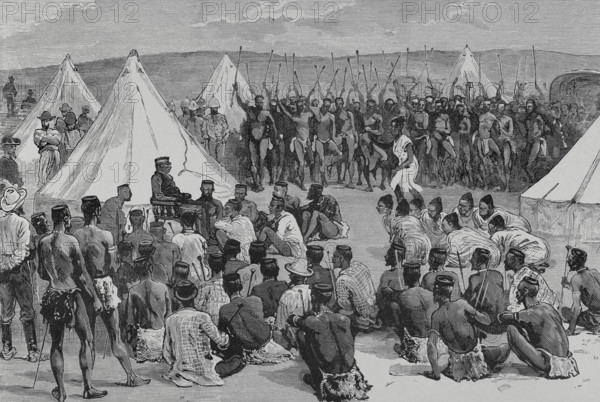 Cetshwayo (Cetshwayo kaMpande) (c. 1826-1884). King of the Zulus (1872-1879). Restoration of King Cetewayo. Return of the king to his former territories after his captivity in England, following his capture by the British at the Battle of Ulundi (July 4, 1879), and his subsequent exile to Cape Town. In July 1882, Cetewayo was authorized to travel to the United Kingdom to seek support from British politicians for the restoration of the Zulu monarchy. Queen Victoria allowed him to return to Ulundi in January 1883, to rule a part of his former kingdom, without being able to have an army and with the obligation to cede part of his territory to another Zulu. The day after the installation of Cetewayo in Intonyanene, about fifteen miles from Ulundi, numerous deputations of the interior of the kingdom appeared in the camp, for the accomplishment of the ceremony that the natives called Indaba. It was the recognition and congratulation as loyal subjects. Cetshwayo, dressed in British style and ...