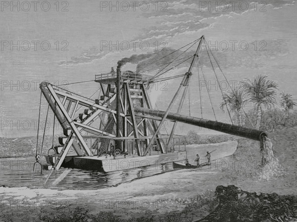 Colon (former Aspinwall, United States of Colombia), Panama. Dredge “Hercules”, used in the works for the opening of the Panama Canal. Made in Philadelphia (United States), it was transported to the site of the works at the end of March 1883. Engraving by Tomas Carlos Capuz (1834-1899). La Ilustracion Espanola y Americana (The Spanish and American Illustration), 1883.