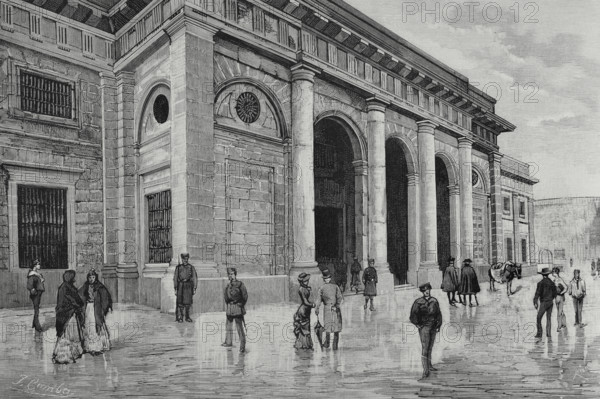 Cadiz, Andalusia, Spain. Facade of the Provincial Jail. Drawing by Juan Comba. Engraving by Rico. La Ilustracion Espanola y Americana (The Spanish and American Illustration), 1883.
