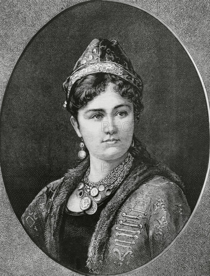 Emina Ilhamy (1858-1931), also Amina Ilhami. Egyptian princess and a member of the Muhammad Ali Dynasty. Khedive consort of Egypt (25 June 1879 to 7 January 1892), as the wife of Tewfik Pasha (1852-1892). Portrait. Engraving. La Ilustracion Espanola y Americana (The Spanish and American Illustration), 1883.