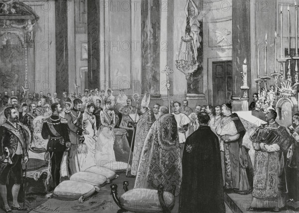 Infanta Maria de la Paz of Spain (Maria de la Paz de Borbon) (1862-1946). Infanta of Spain. Princess of Bavaria by her marriage, on 2 April 1883, to her first cousin, Prince Ludwig Ferdinand of Bavaria (1859-1949). Wedding celebrated at the Royal Palace of Madrid. Ceremony of the nuptial blessing in the Royal Chapel. In the presbytery, the kings, Alfonso XII (godfather) and Maria Christina (godmother). Drawing from life by Juan Comba. Engraving by Vela. La Ilustracion Espanola y Americana (The Spanish and American Illustration), 15 April 1883.