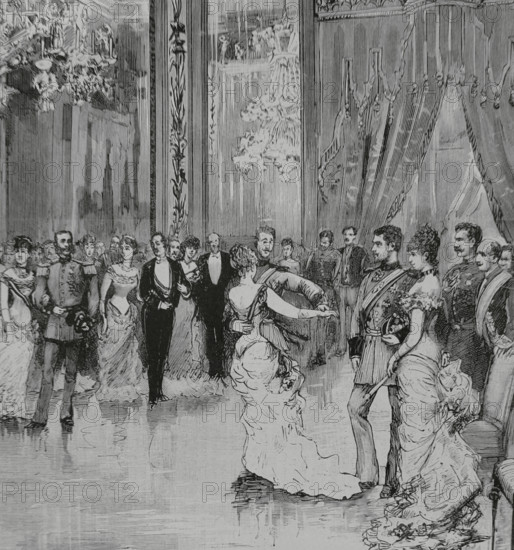 Infanta Maria de la Paz of Spain (Maria de la Paz de Borbon) (1862-1946). Infanta of Spain. Princess of Bavaria by her marriage, on 2 April 1883, to her first cousin, Prince Ludwig Ferdinand of Bavaria (1859-1949). Wedding celebrated at the Royal Palace of Madrid. Dance in honor of the august newlyweds. The first waltz in the Hall of Mirrors. Drawing by Juan Comba. Engraving. La Ilustracion Espanola y Americana (The Spanish and American Illustration), 15 April 1883.