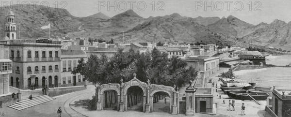 Spain, Canary Islands, Tenerife island, Santa Cruz de Tenerife. Calle de la Marina (La Marina Street) and Alameda del Muelle. Engraving by Rico. La Ilustracion Espanola y Americana (The Spanish and American Illustration), 1883.