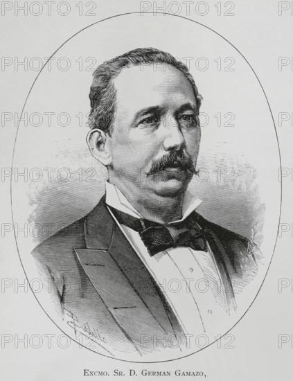 German Gamazo Calvo (1840-1901). Spanish liberal politician. Minister of Development (9 January 1883 to 13 October 1883) during the reign of Alfonso XII. Minister of Finance (1892) and Overseas Minister during the regency of Maria Cristina of Habsburg-Lorraine (1885-1902). Portrait. Drawing by Badillo. Engraving by Arturo Carretero. La Ilustracion Espanola y Americana, 1883.