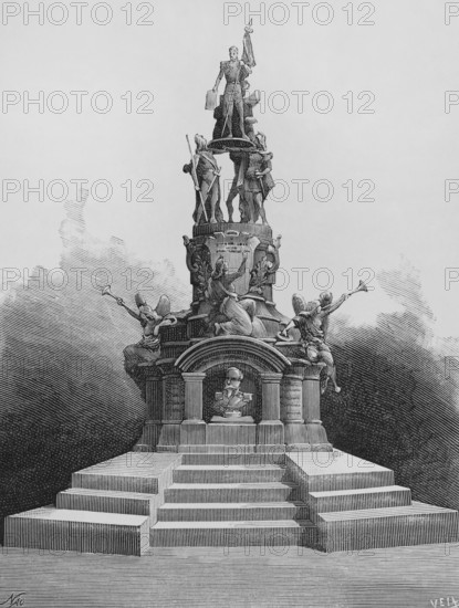 Simon Bolivar (1783-1830). Venezuelan military and political figure, known as El Libertador (The Liberator). Sculptural group, in bronze and marble, that the Venezuelan consuls abroad dedicated to the memory of Bolivar on the occasion of the Centennial Celebration, July 24, 1883. Bolivar is shown carried on the shoulders of four allegorical statues, representing the Love of the Fatherland, Liberty, the emancipated South America and Slavery. On the sides of the statue there are two winged victories playing the clarion of Fame and proclaiming the exploits of the Liberator of America. Drawing by Nao. Engraving by Vela. La Ilustracion Espanola y Americana (The Spanish and American Illustration), 1883.