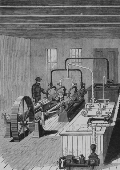 Application of cold to industry. Raoul Pictect system. Interior of an ice factory, capable of producing 25,000 kilograms per day. Engraving. La Ilustracion Espanola y Americana (The Spanish and American Illustration), 1883.