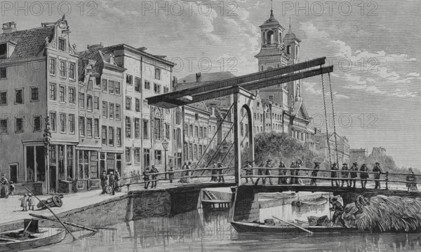 Amsterdam, Netherlands. Canal Houtgracht with drawbridge. Engraving by Tomas Carlos Capuz (1834-1899). La Ilustracion Espanola y Americana (The Spanish and American Illustration), 1883.