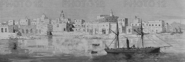 Mahdist War (1881-1899). It faced the followers of Sudanese religious leader Muhammad Ahmad bin Abdullah bin Fahal, the self-proclaimed Mahdi, against Egyptian Khedivate troops, who were later joined by British forces. Suakin, Sudan. City blockaded by Mahdi loyalists. At that time it was Sudan's main port on the Red Sea, which was threatened by the Sudanese warlord Osman Digna (1836-1926). Suakin housed the headquarters of the Anglo-Egyptian troops that were fighting against the Mahdi. On February 13, 1883, Egyptian troops under the command of General Hicks Pasha (1830-1883) landed at Suakin to fight the rebellion. Engraving by Rico. La Ilustracion Espanola y Americana (The Spanish and American Illustration), 1883.