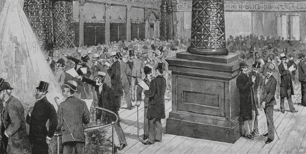 New Orleans, United States. New Orleans Cotton Exchange building, opened in May 1883. Interior view of the Exchange Hall. Engraving by Tomas Carlos Capuz (1834-1899). La Ilustracion Espanola y Americana (The Spanish and American Illustration), 1883.