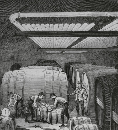 Application of cold to industry. Raoul Pictect system. Interior view of a large beer factory. Engraving. La Ilustracion Espanola y Americana (The Spanish and American Illustration), 1883.