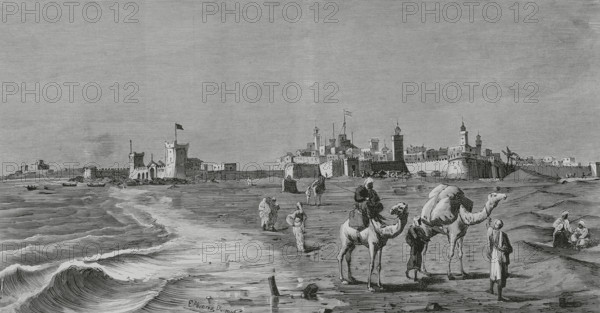 Mogador (now Essaouira), Morocco. General view. Drawing from life by E. Alvarez Dumont. Engraving. La Ilustracion Espanola y Americana (The Spanish and American Illustration), 1883.