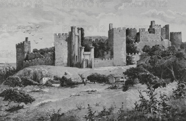 Ponferrada, Spain Templar castle. Drawing by Campuzano. Engraving by Rico. La Ilustracion Espanola y Americana (The Spanish and American Illustration), 1883.